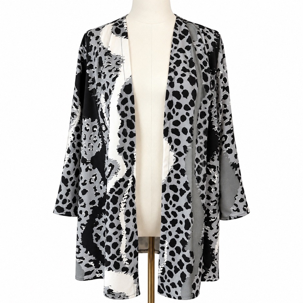 Bob Mackie Wearable Art Gray Leopard Print Open Front Cardigan Kimono Jacket L - Picture 2 of 7